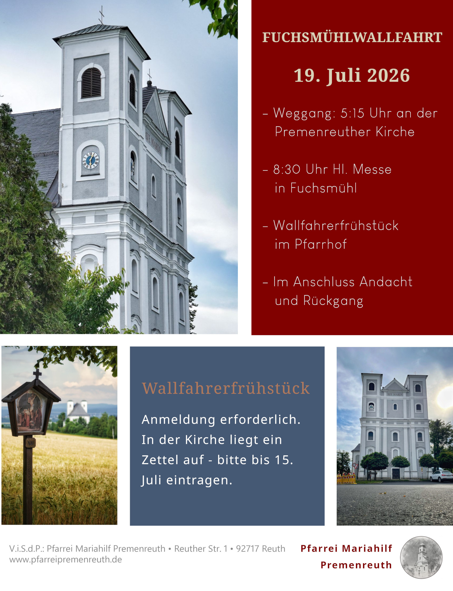 Fuchsmühlwallfahrt 2026, Weggang 5:15, Hl. Messe 8:30